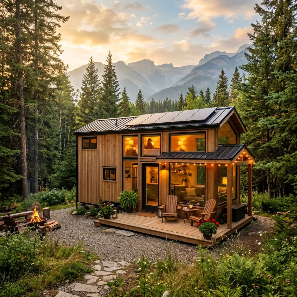 A beautiful tiny home nestled in a forest at golden hour